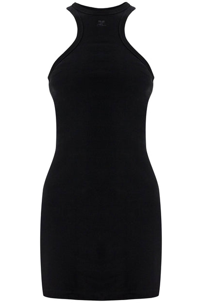 black cotton mini dress with high neck and sleeveless design