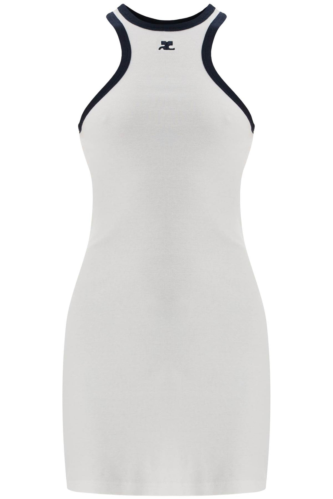 white cotton mini dress with navy blue details and halter neck