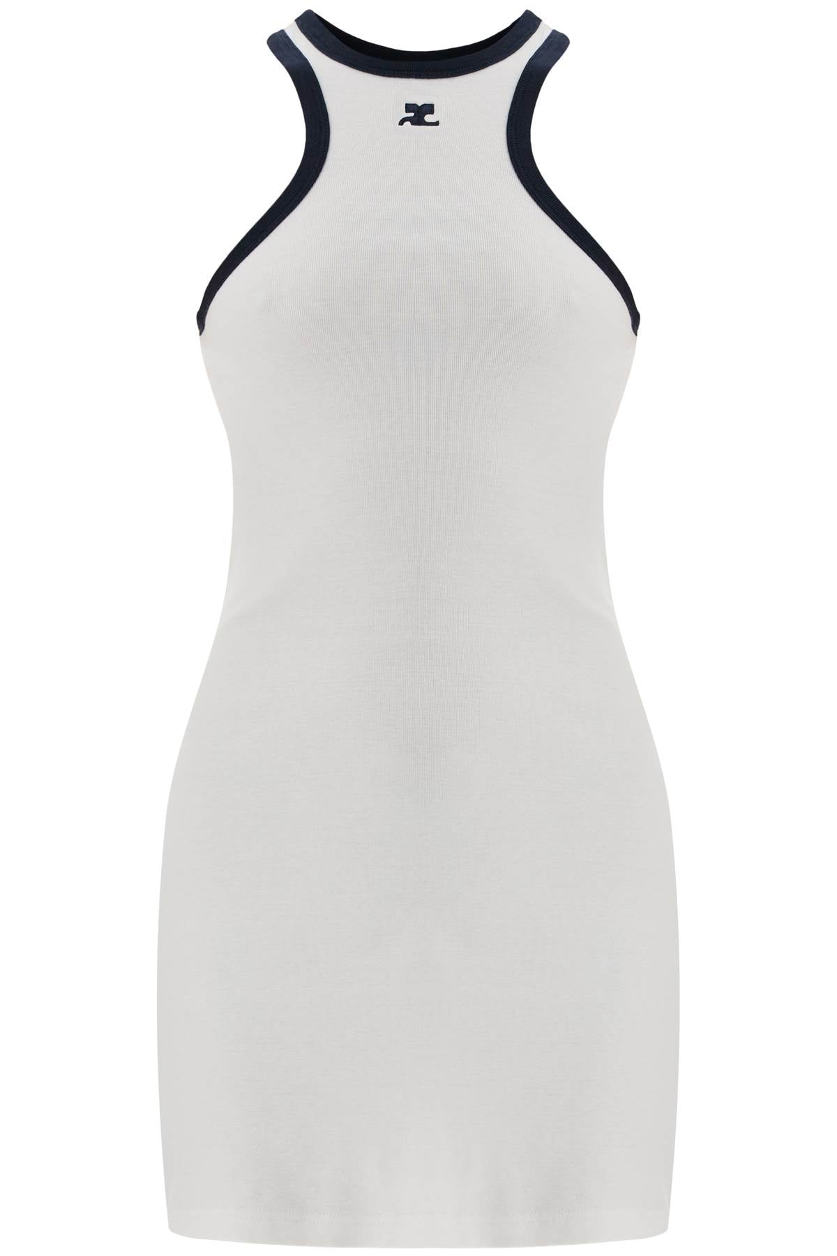 white cotton mini dress with navy blue details and halter neck