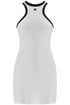 white cotton mini dress with navy blue details and halter neck