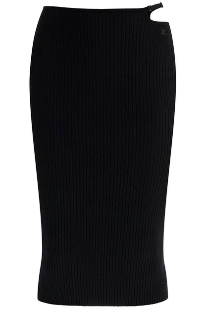 black midi skirt in viscose and polyester with vertical ribs