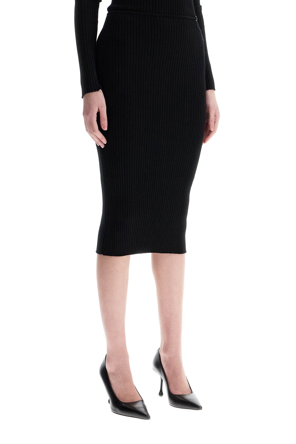 black midi skirt in viscose and polyester with vertical ribs