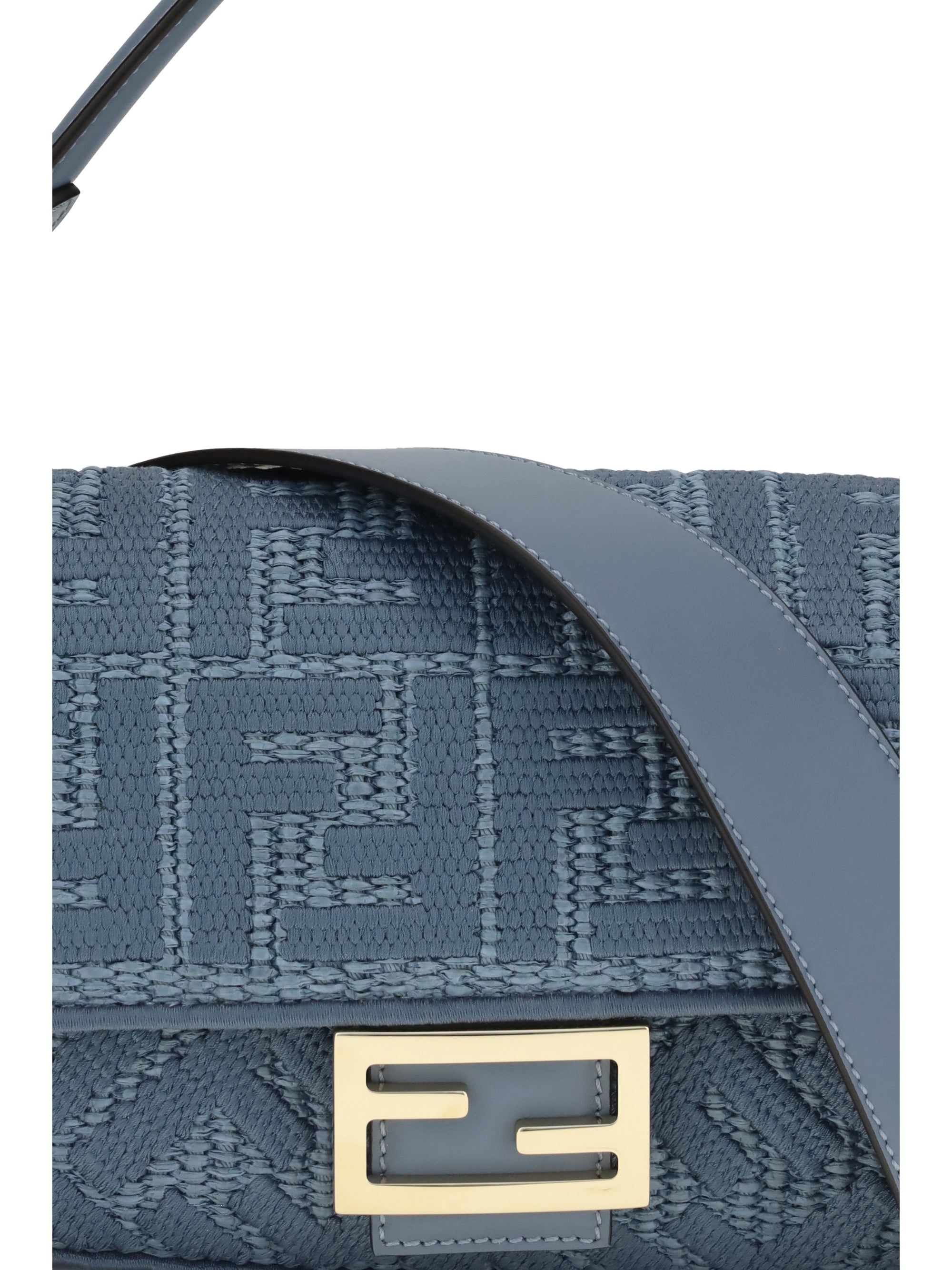 medium woven raffia shoulder bag with ff embroidery