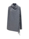high-neck wool cape with concealed closure and fringes