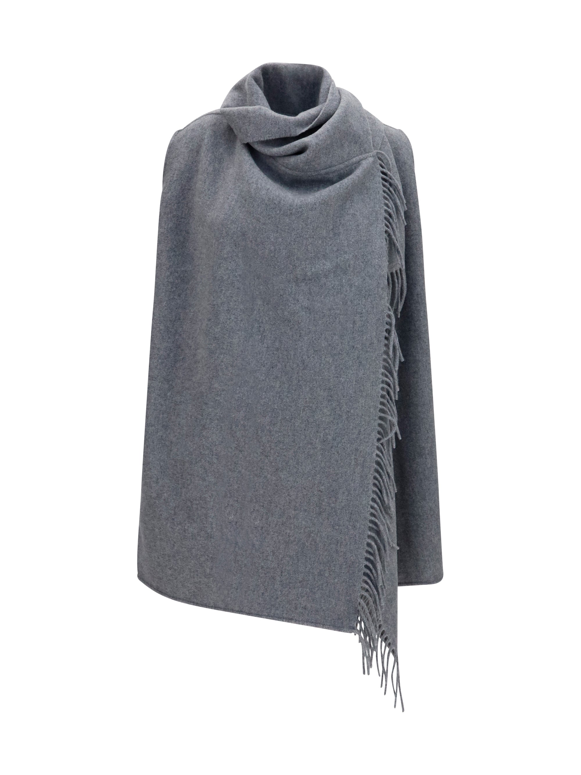 high-neck wool cape with concealed closure and fringes