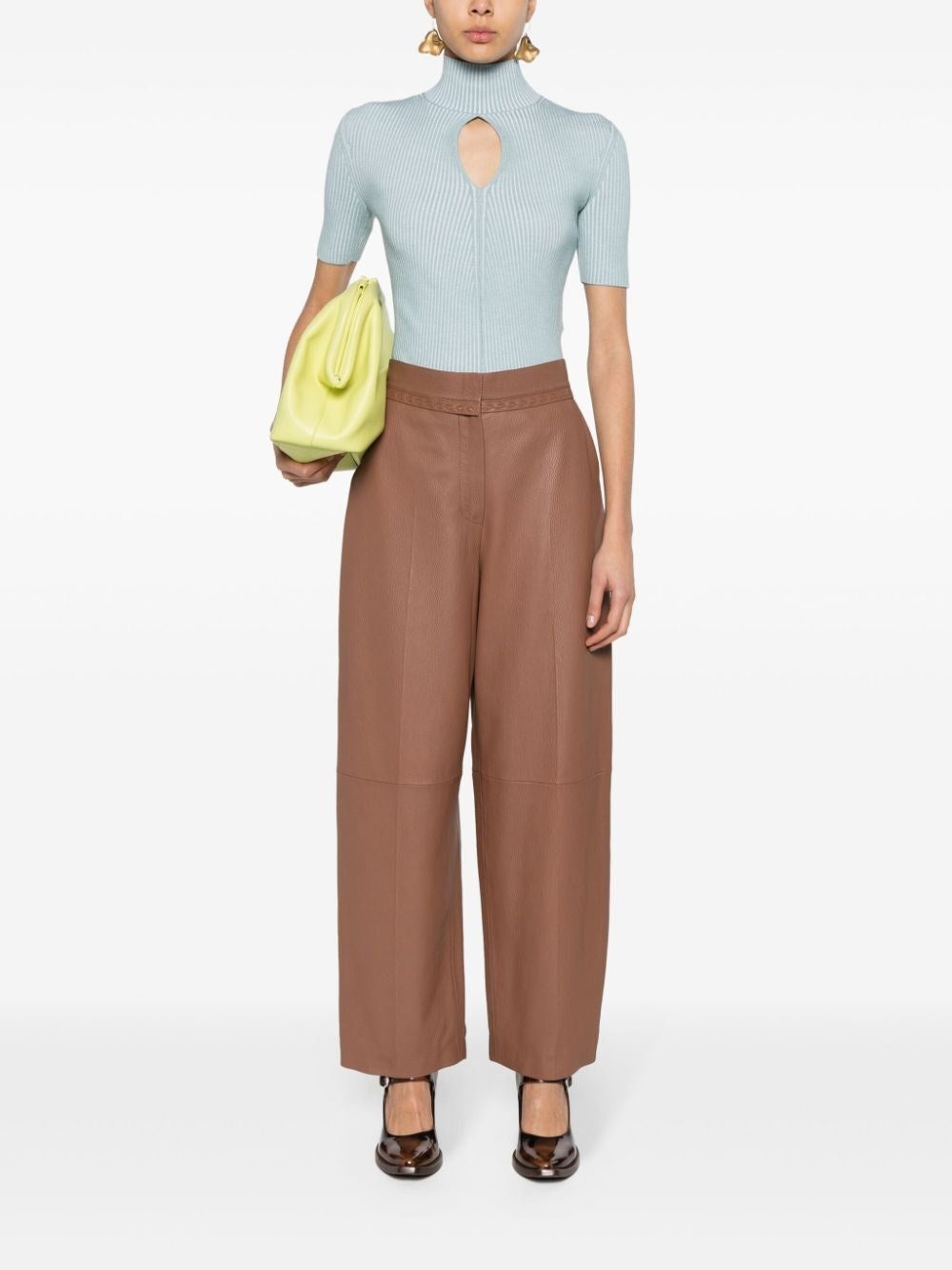 tan-coloured leather trousers