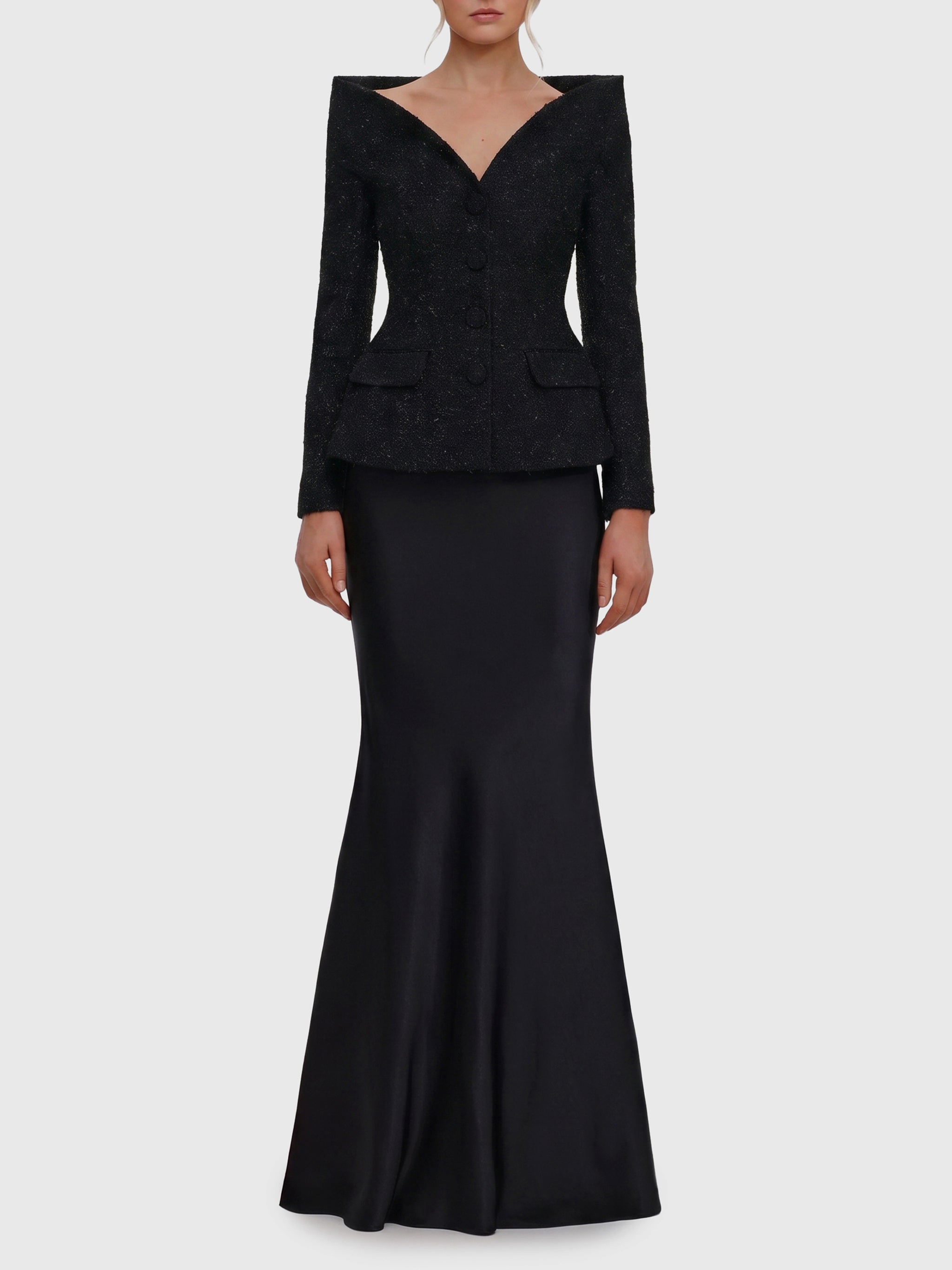 metallic bouclé satin maxi dress