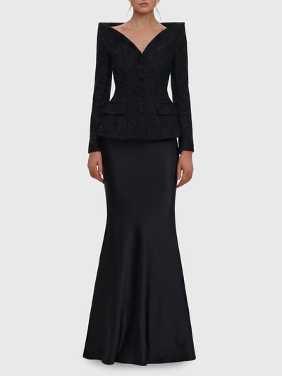 metallic bouclé satin maxi dress