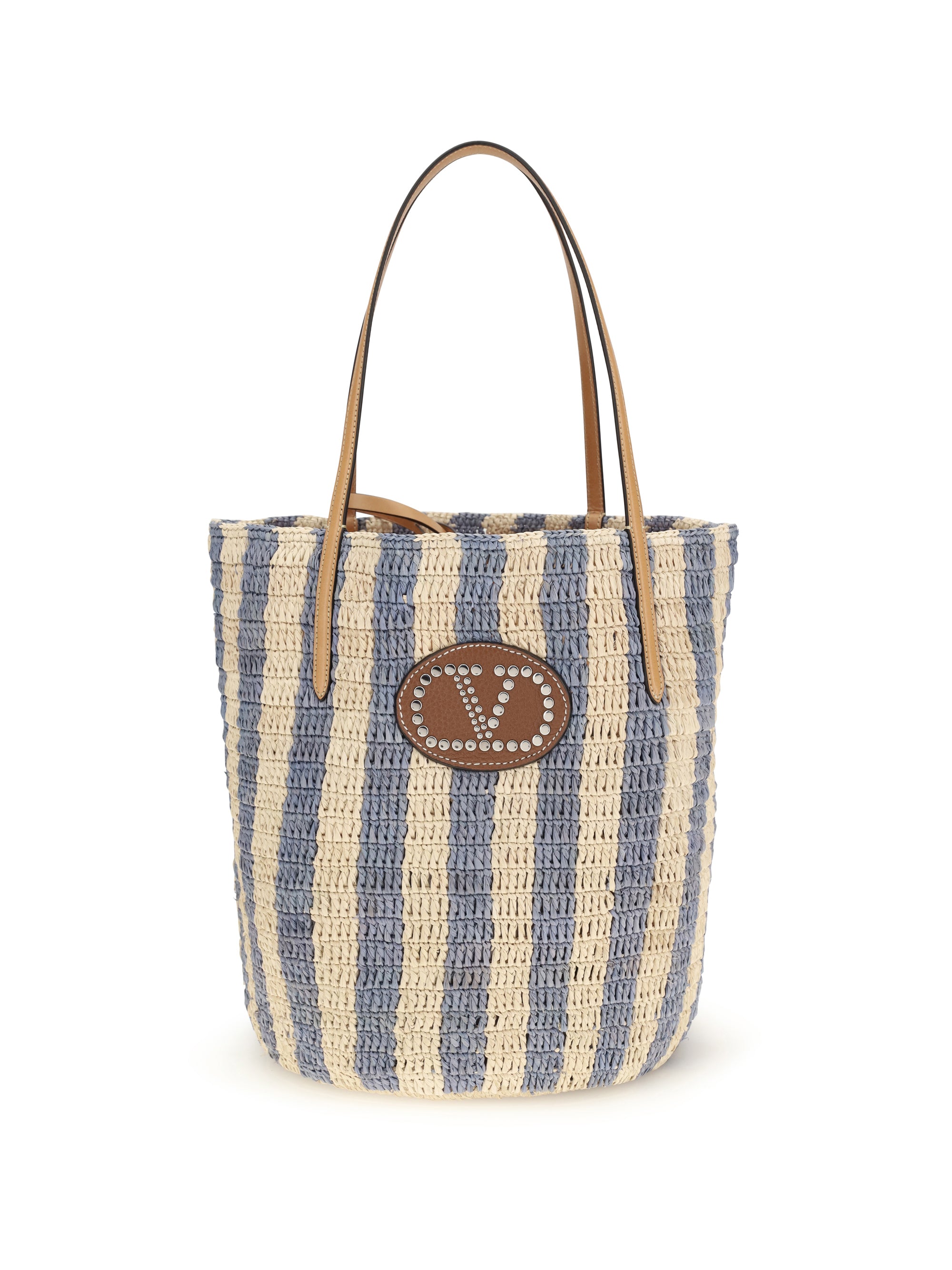 striped raffia bucket bag