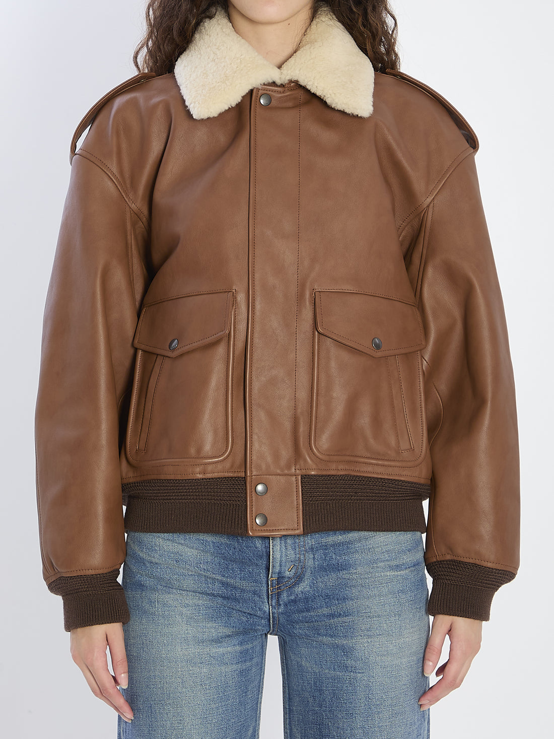 SAINT LAURENT 36 bomber jacket in hammered leather and shearling
