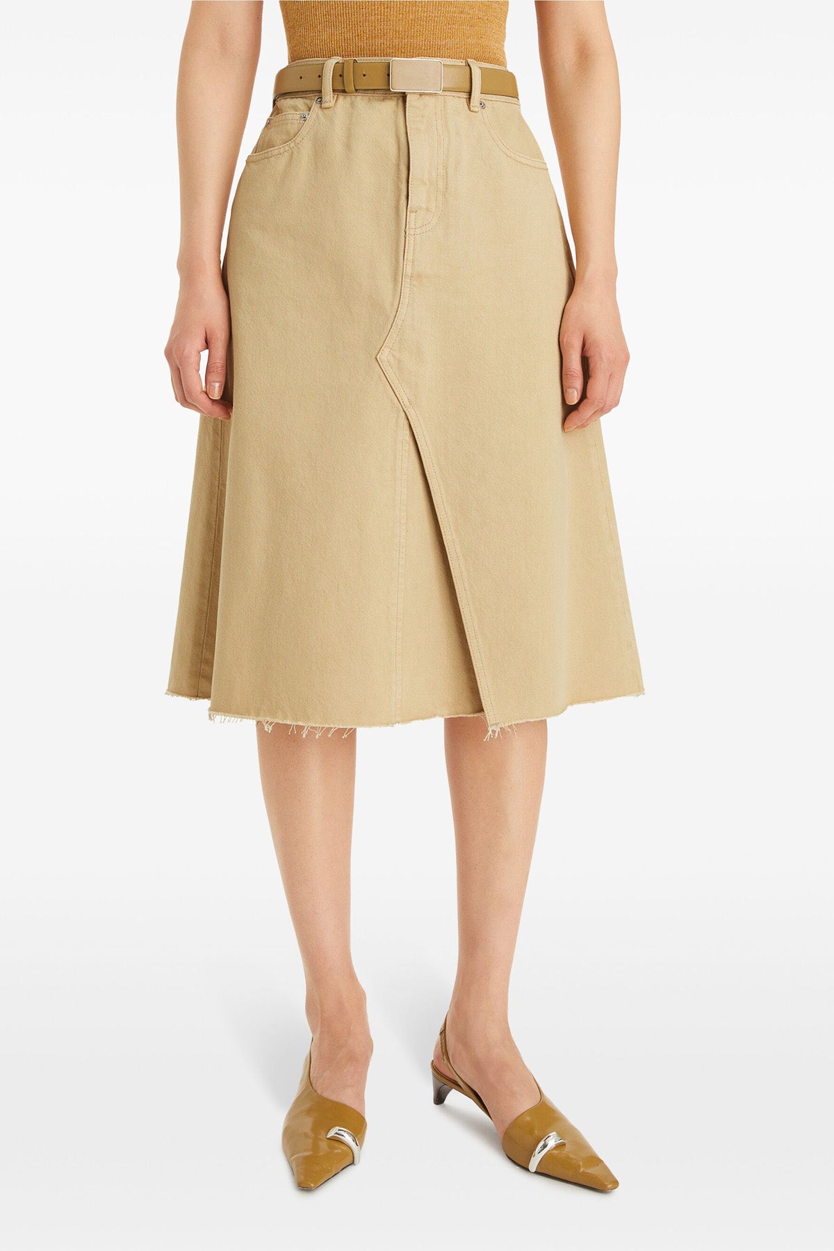 deconstructed midi cotton denim skirt
