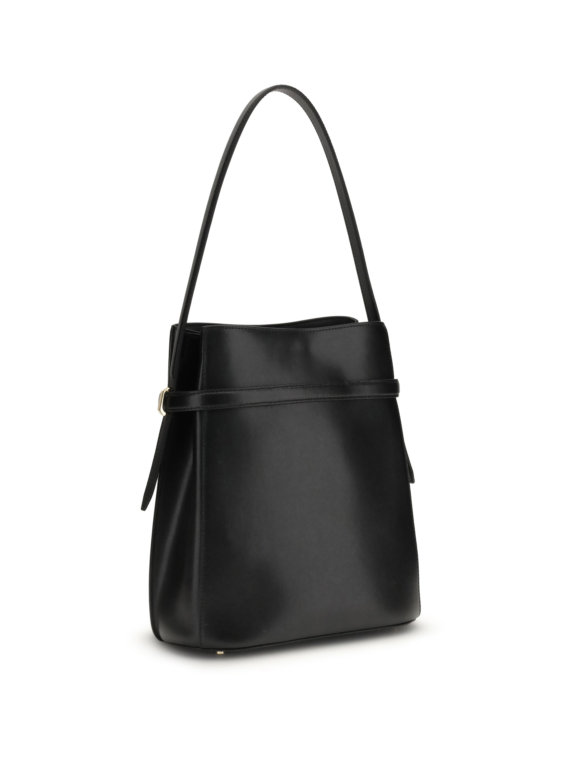 belted leather bucket bag