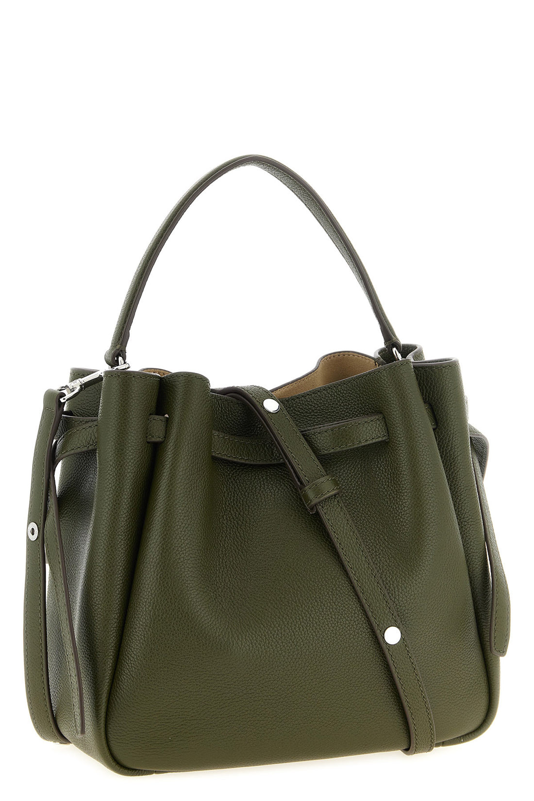 TORY BURCH OS the tory burch romy bucket bag is made of fine hammered leather in the olive gre