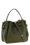 the tory burch romy bucket bag is made of fine hammered leather in the olive gre