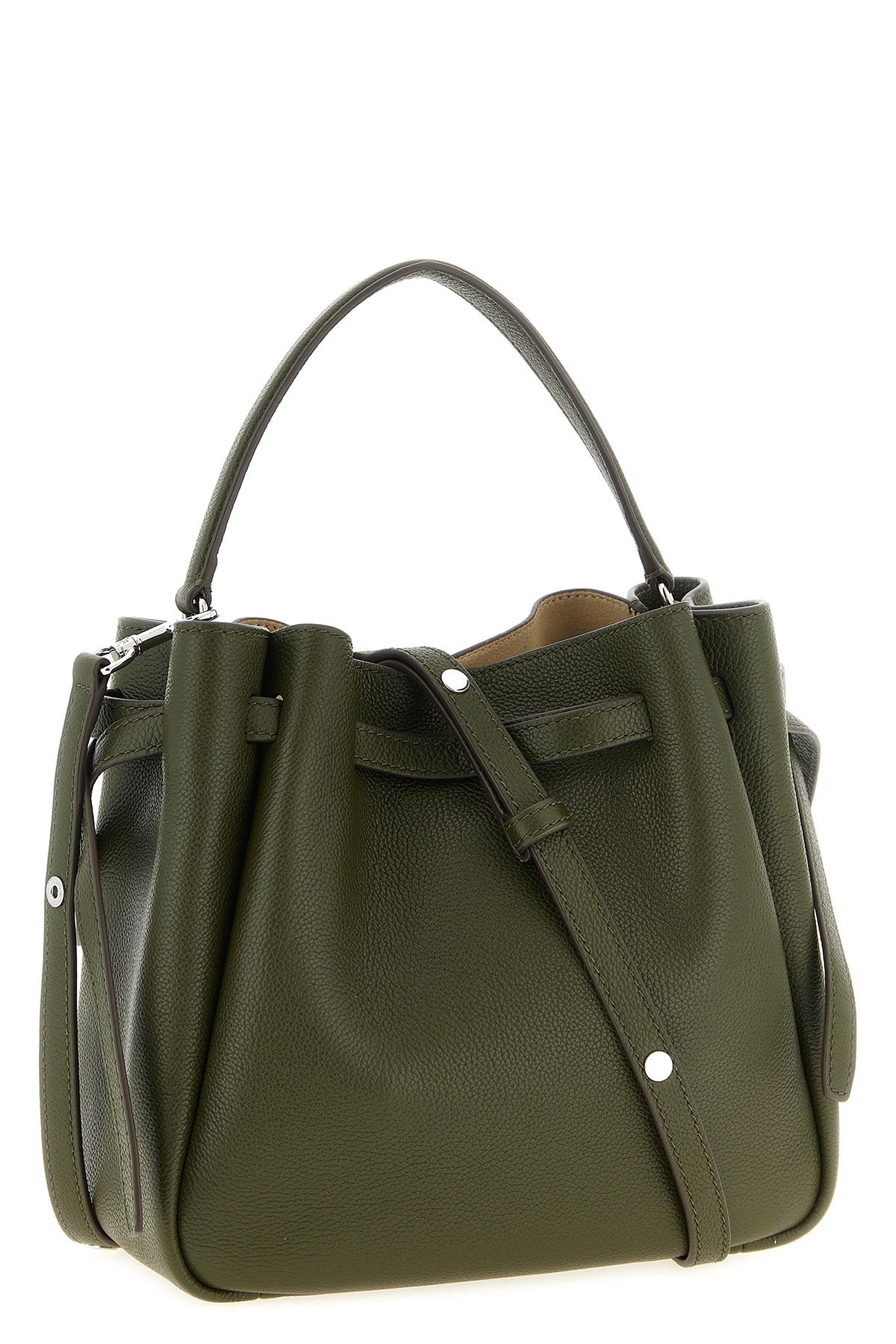 the tory burch romy bucket bag is made of fine hammered leather in the olive gre