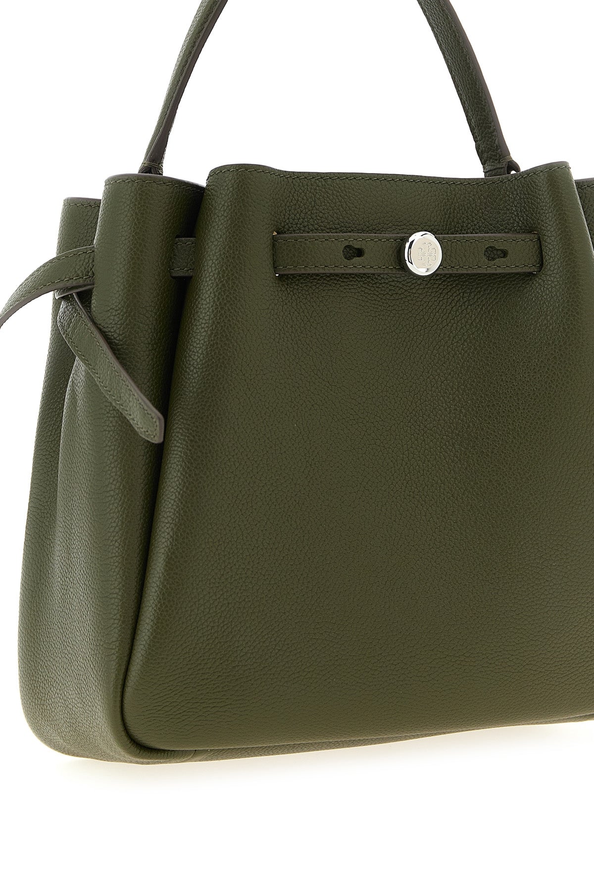 the tory burch romy bucket bag is made of fine hammered leather in the olive gre