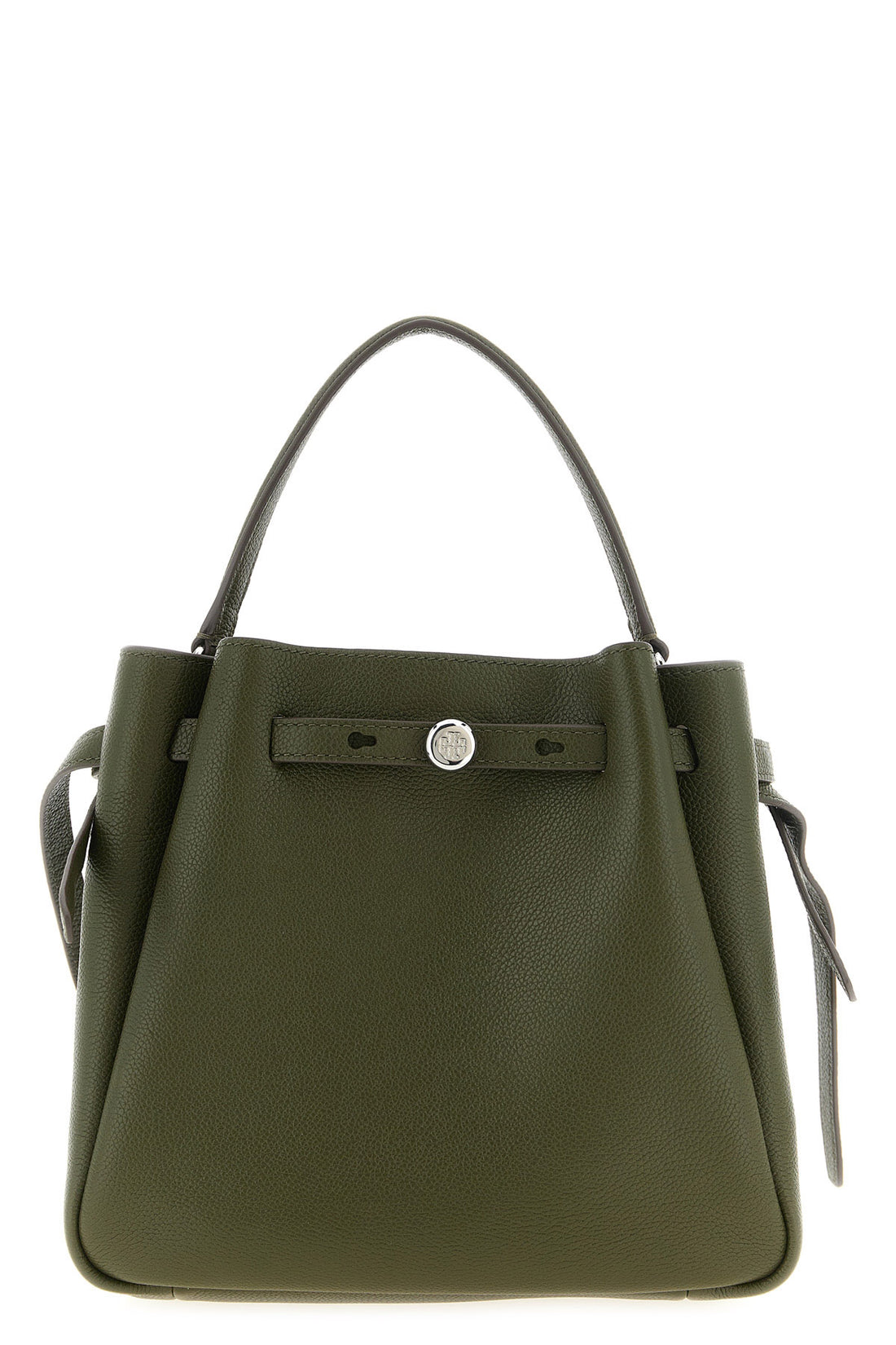 TORY BURCH OS the tory burch romy bucket bag is made of fine hammered leather in the olive gre