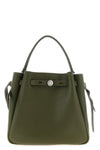 the tory burch romy bucket bag is made of fine hammered leather in the olive gre