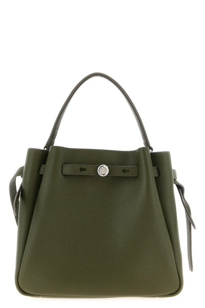 the tory burch romy bucket bag is made of fine hammered leather in the olive gre
