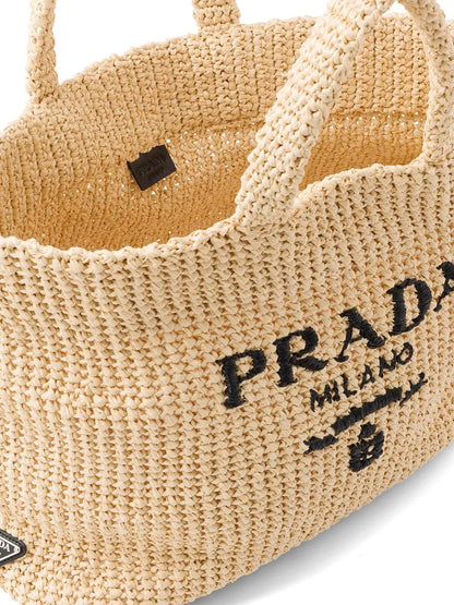 Large Logo Beige Raffia Tote