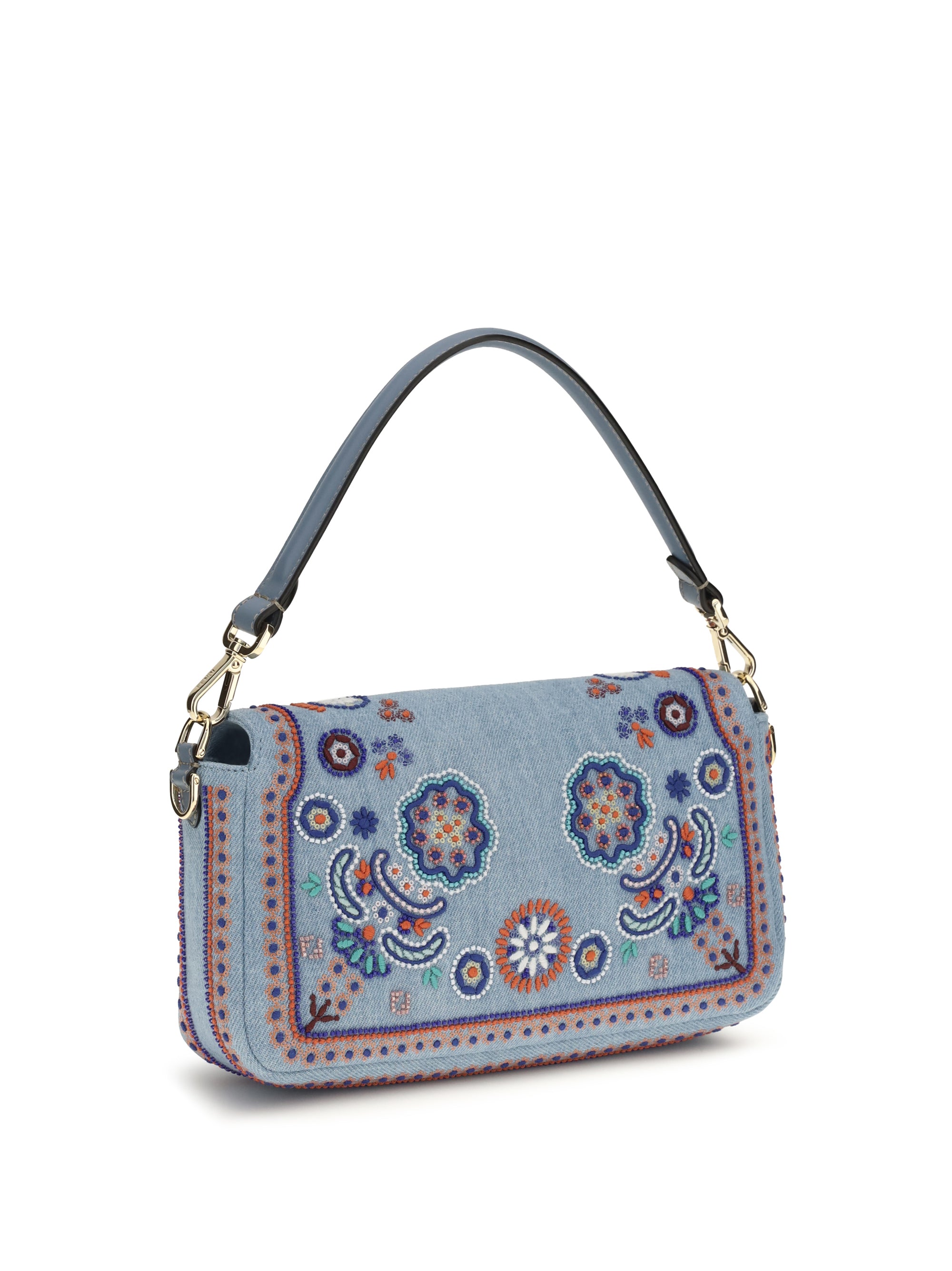 multicolor embroidered denim shoulder bag