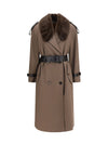 long cotton trench coat with buffalo leather collar