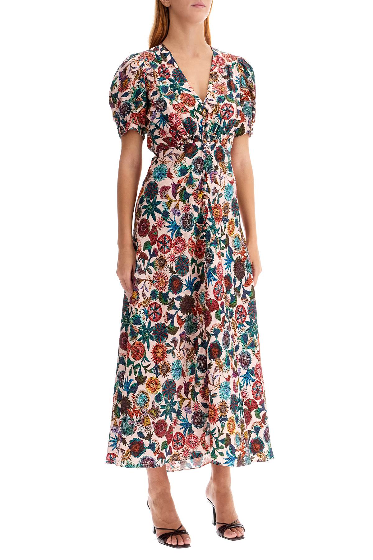 'lea' long dress in printed silk