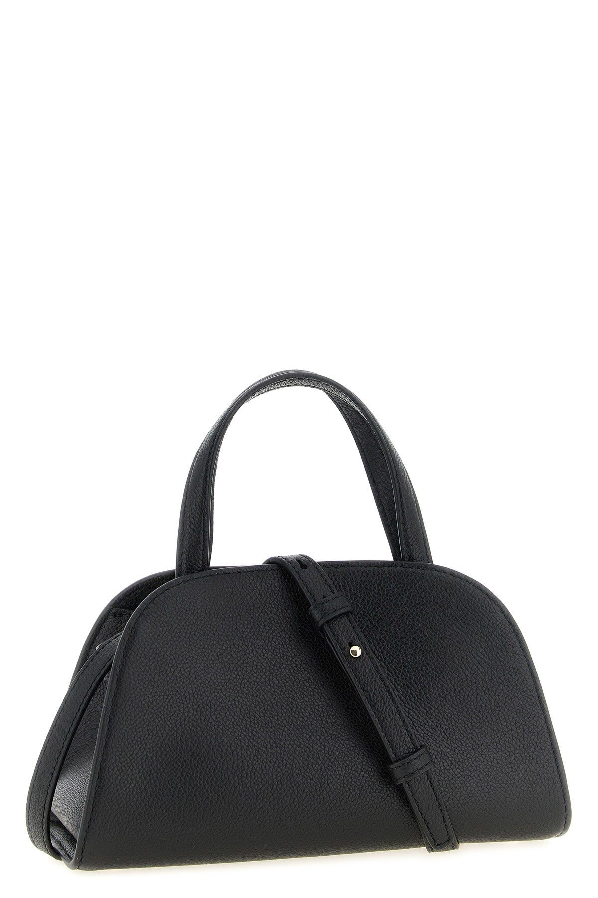 the tory burch romy small bauletto handbag is made of fine black hammered cowhid