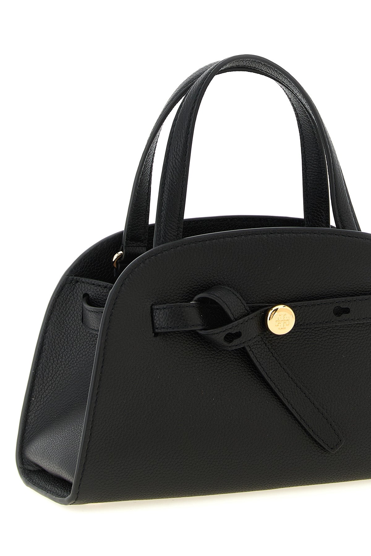 the tory burch romy small bauletto handbag is made of fine black hammered cowhid