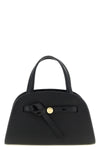 the tory burch romy small bauletto handbag is made of fine black hammered cowhid