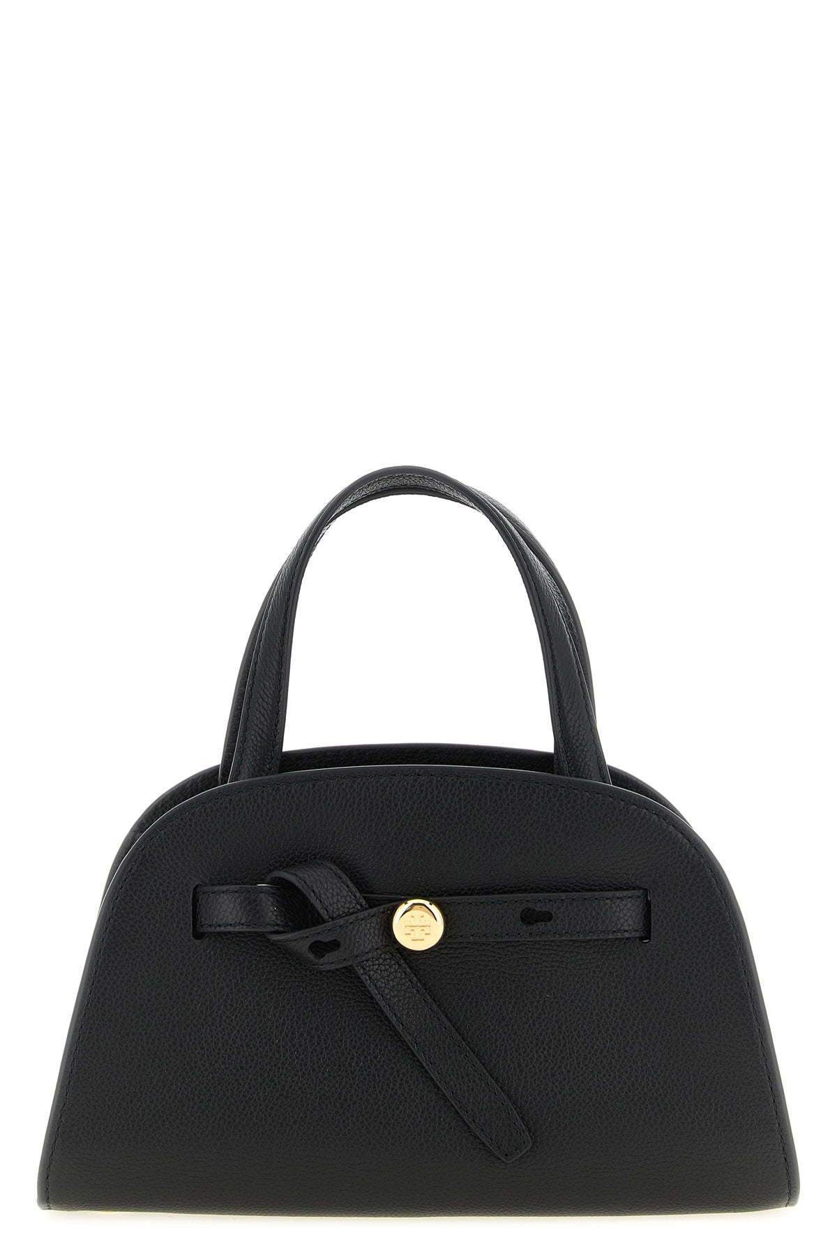 the tory burch romy small bauletto handbag is made of fine black hammered cowhid