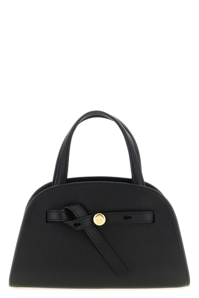 the tory burch romy small bauletto handbag is made of fine black hammered cowhid