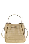 the tory burch romy small bucket bag stands out for its structured silhouette