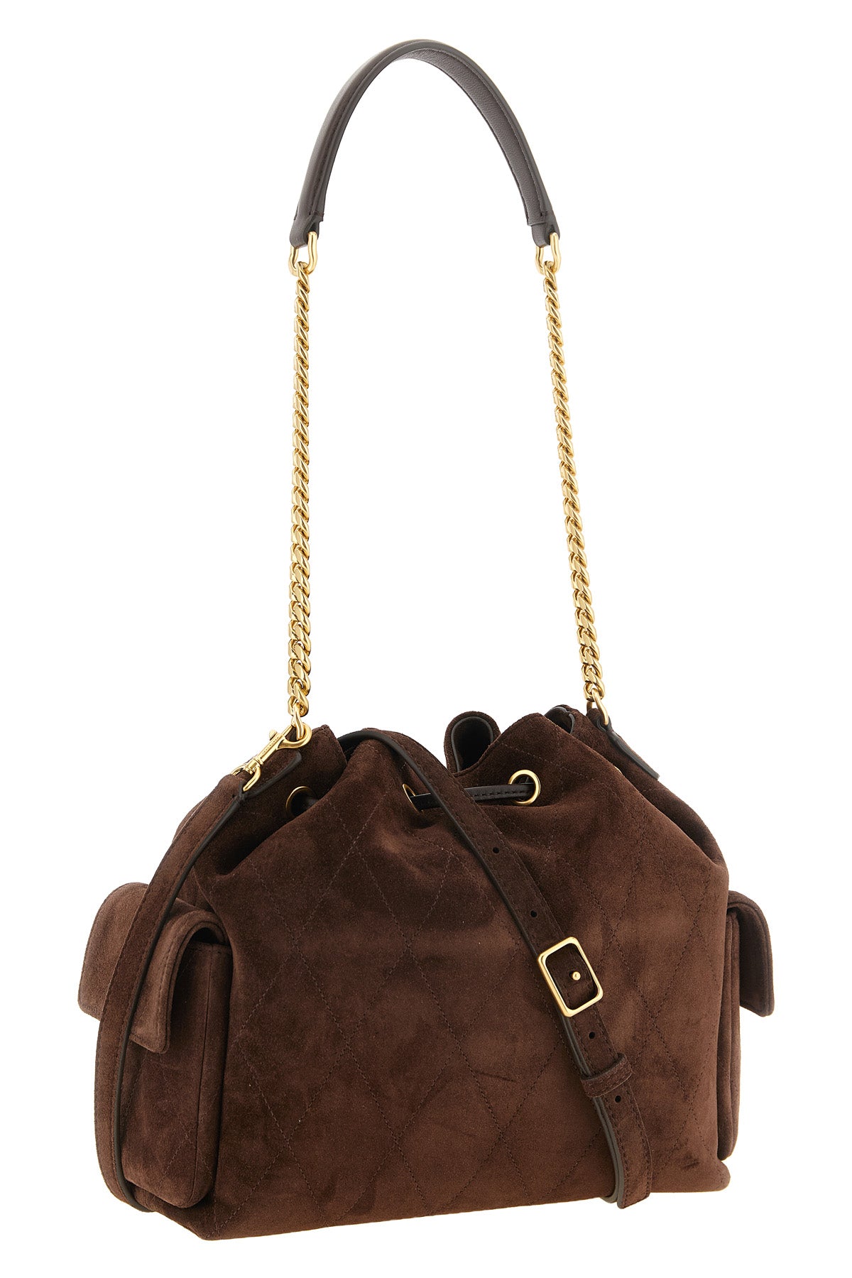 the tory burch charlie medium shoulder bag is made of premium brown suede calf