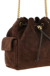 the tory burch charlie medium shoulder bag is made of premium brown suede calf