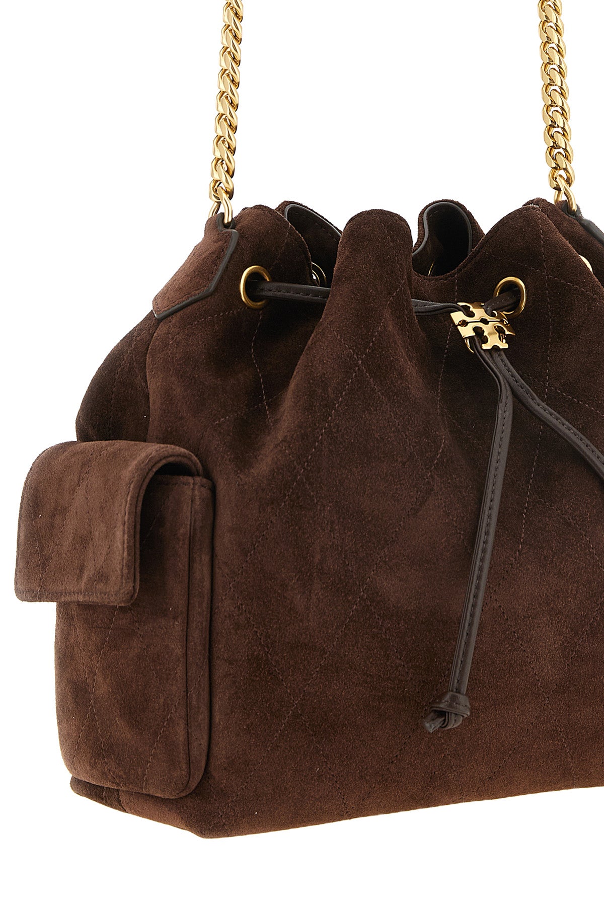 the tory burch charlie medium shoulder bag is made of premium brown suede calf