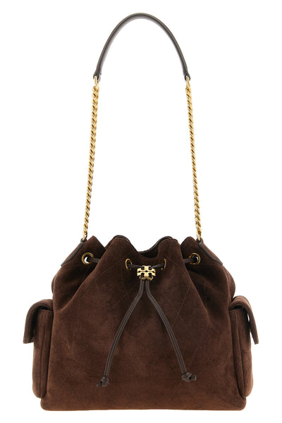 the tory burch charlie medium shoulder bag is made of premium brown suede calf