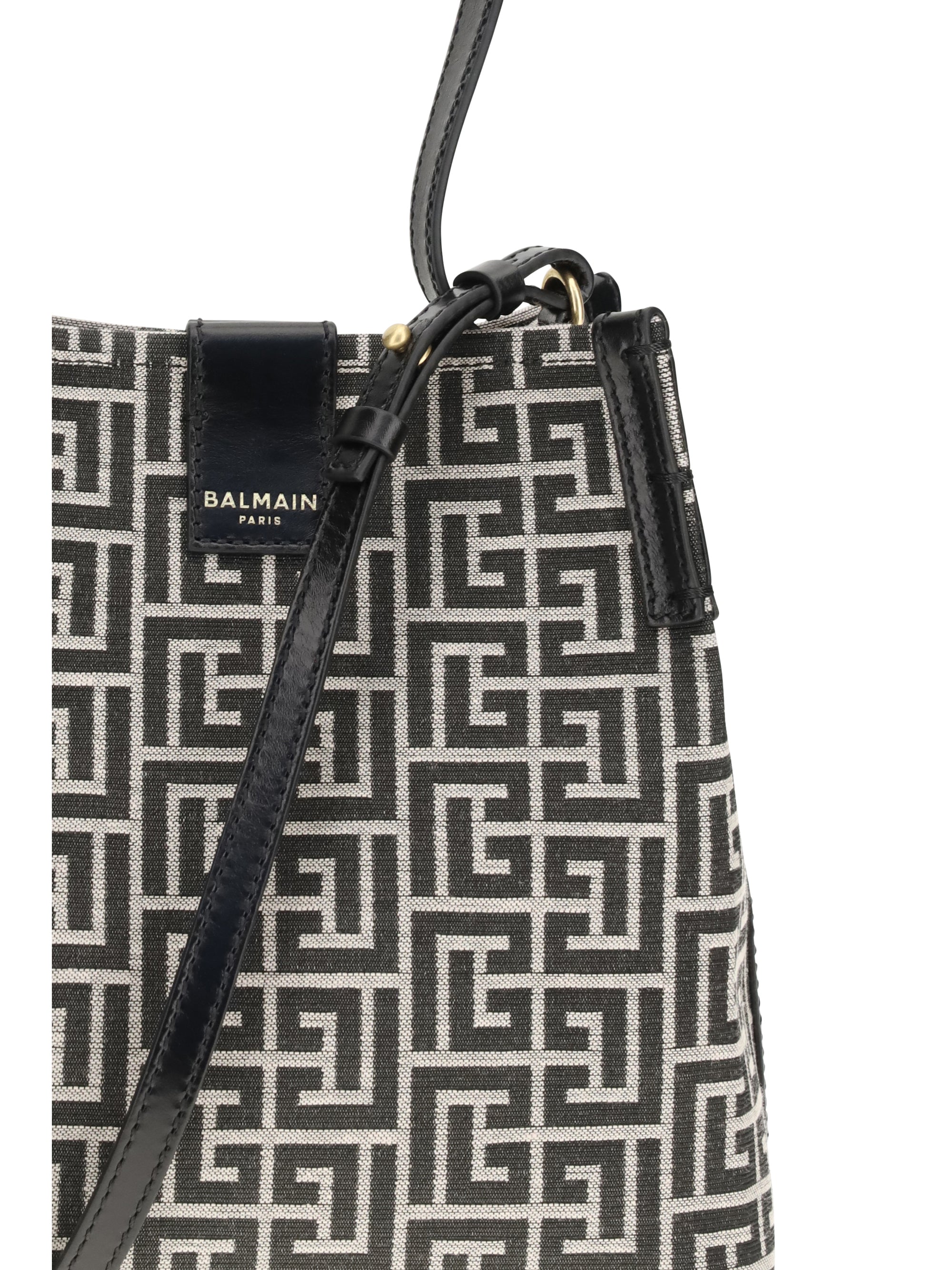BALMAIN OS release jacquard and leather bucket bag