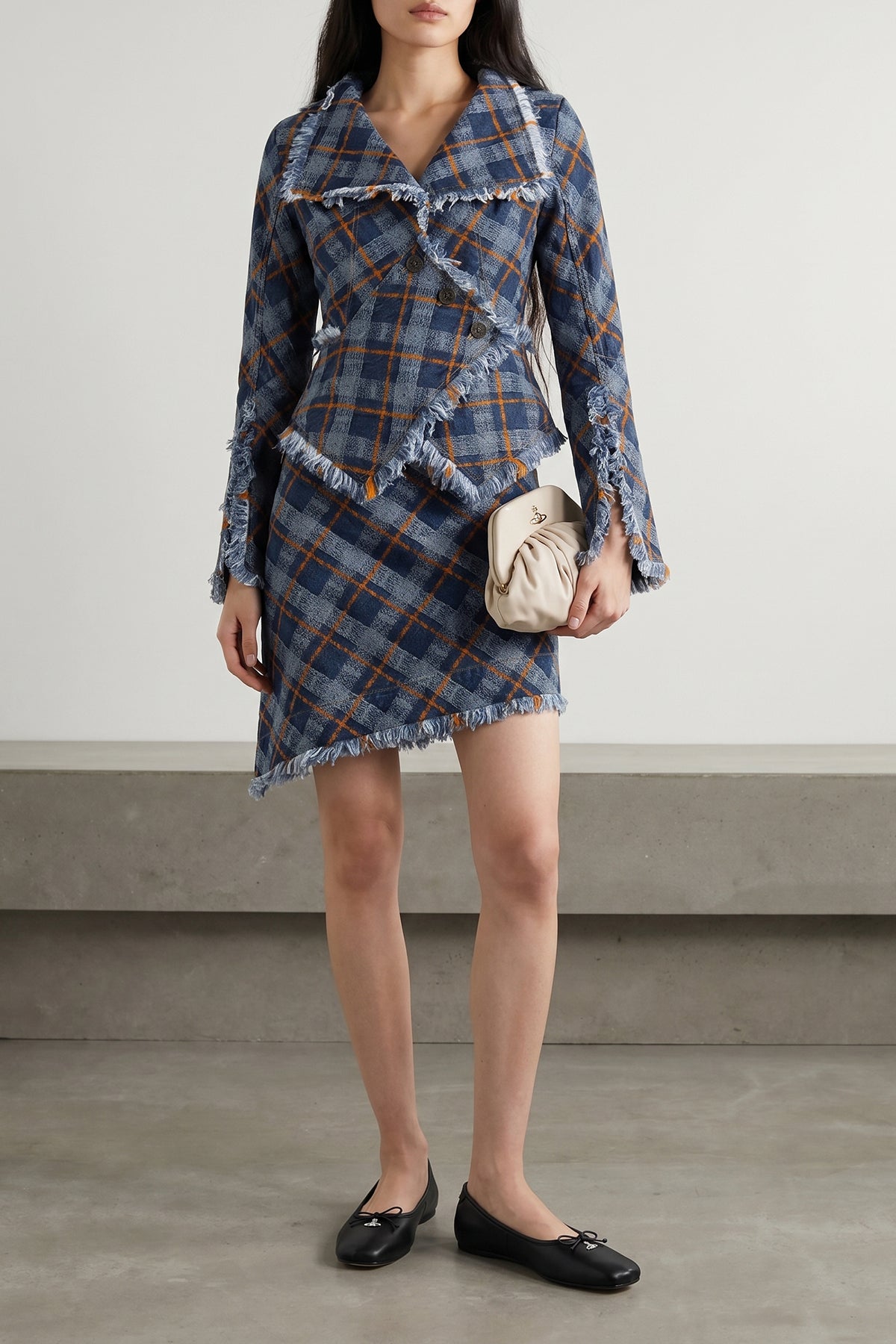worth more jacquard tartan denim blazer in cotton denim