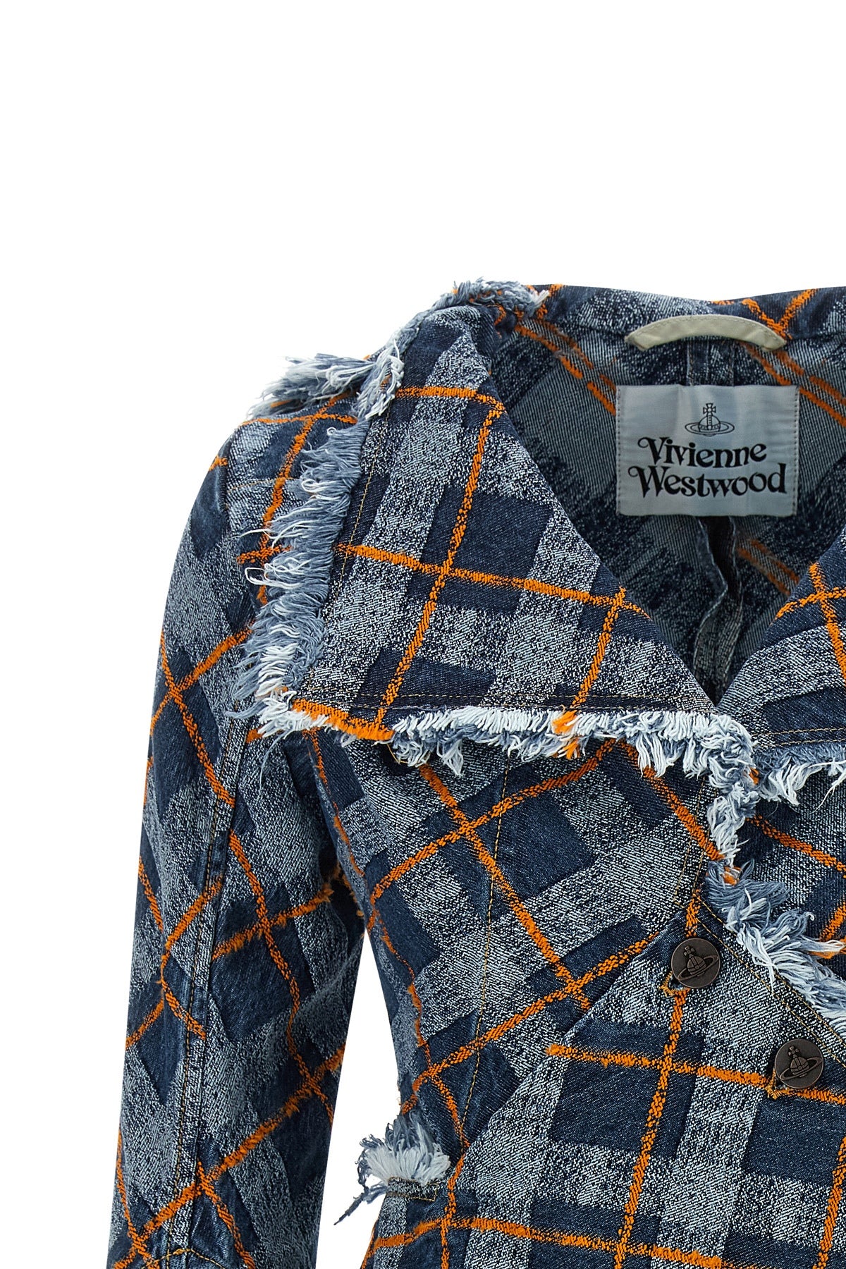 worth more jacquard tartan denim blazer in cotton denim