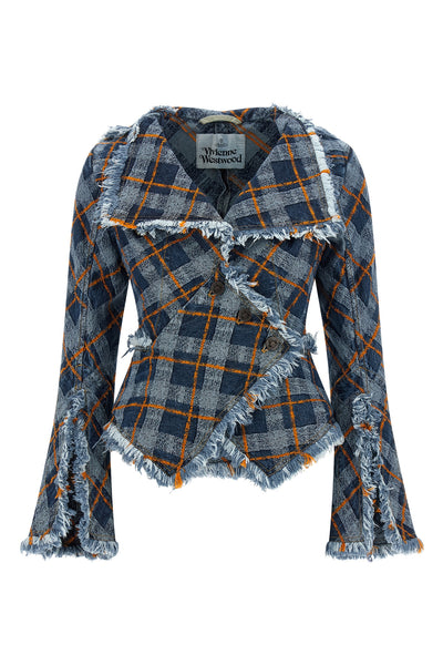 worth more jacquard tartan denim blazer in cotton denim