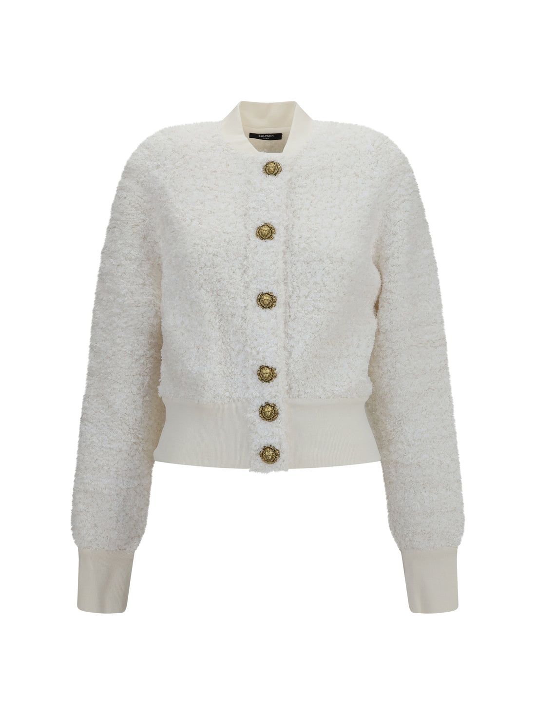 BALMAIN 36 tweed bomber jacket with lion-head buttons