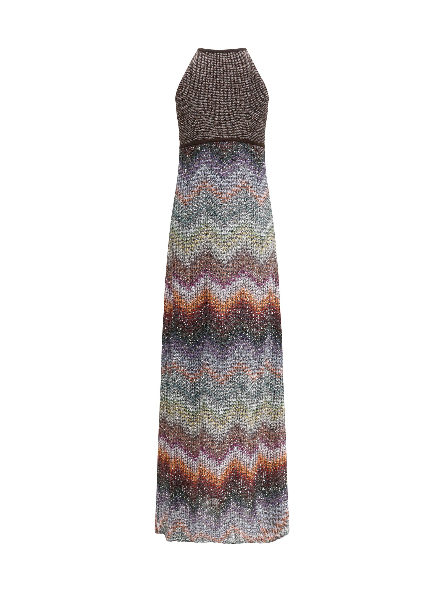 MISSONI 38 long halter-neck dress in greek zigzag knit with sequins