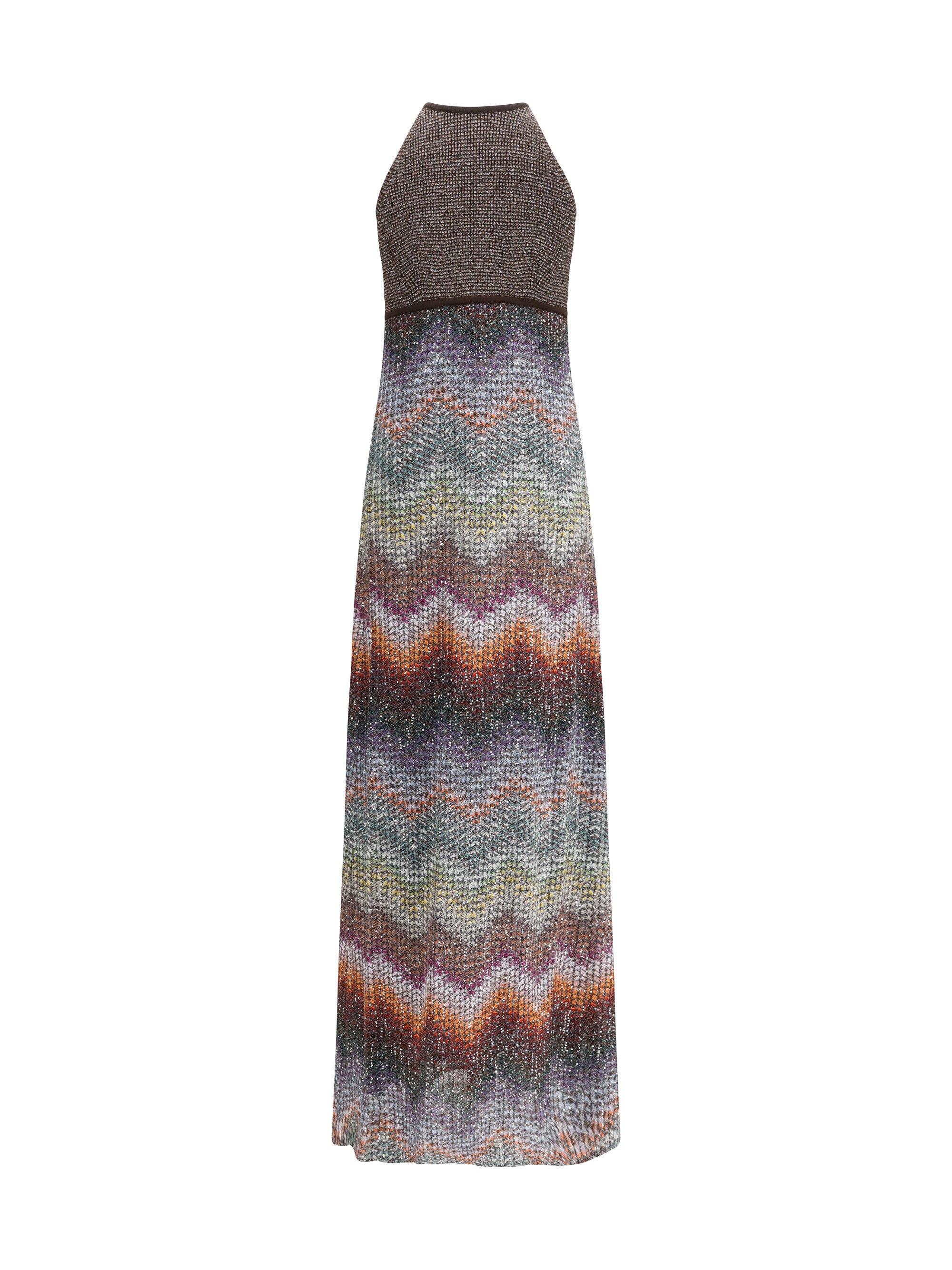 MISSONI 38 long halter-neck dress in greek zigzag knit with sequins