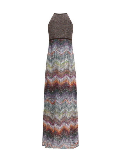 MISSONI 38 long halter-neck dress in greek zigzag knit with sequins