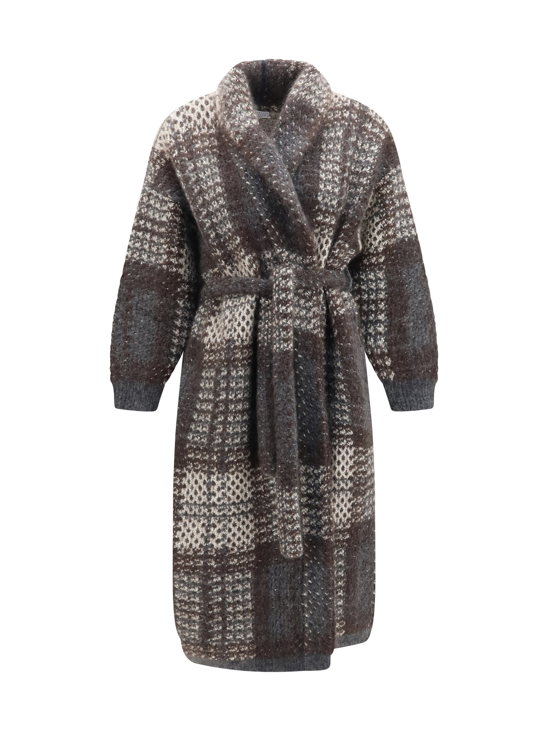 BRUNELLO CUCINELLI M macrocheck mohair blend coat with belt