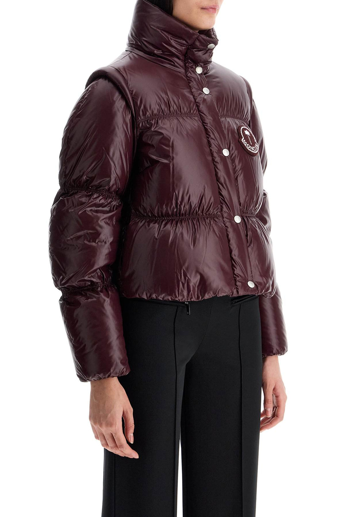 burgundy nylon jacket with high padded collar