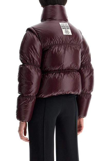 burgundy nylon jacket with high padded collar