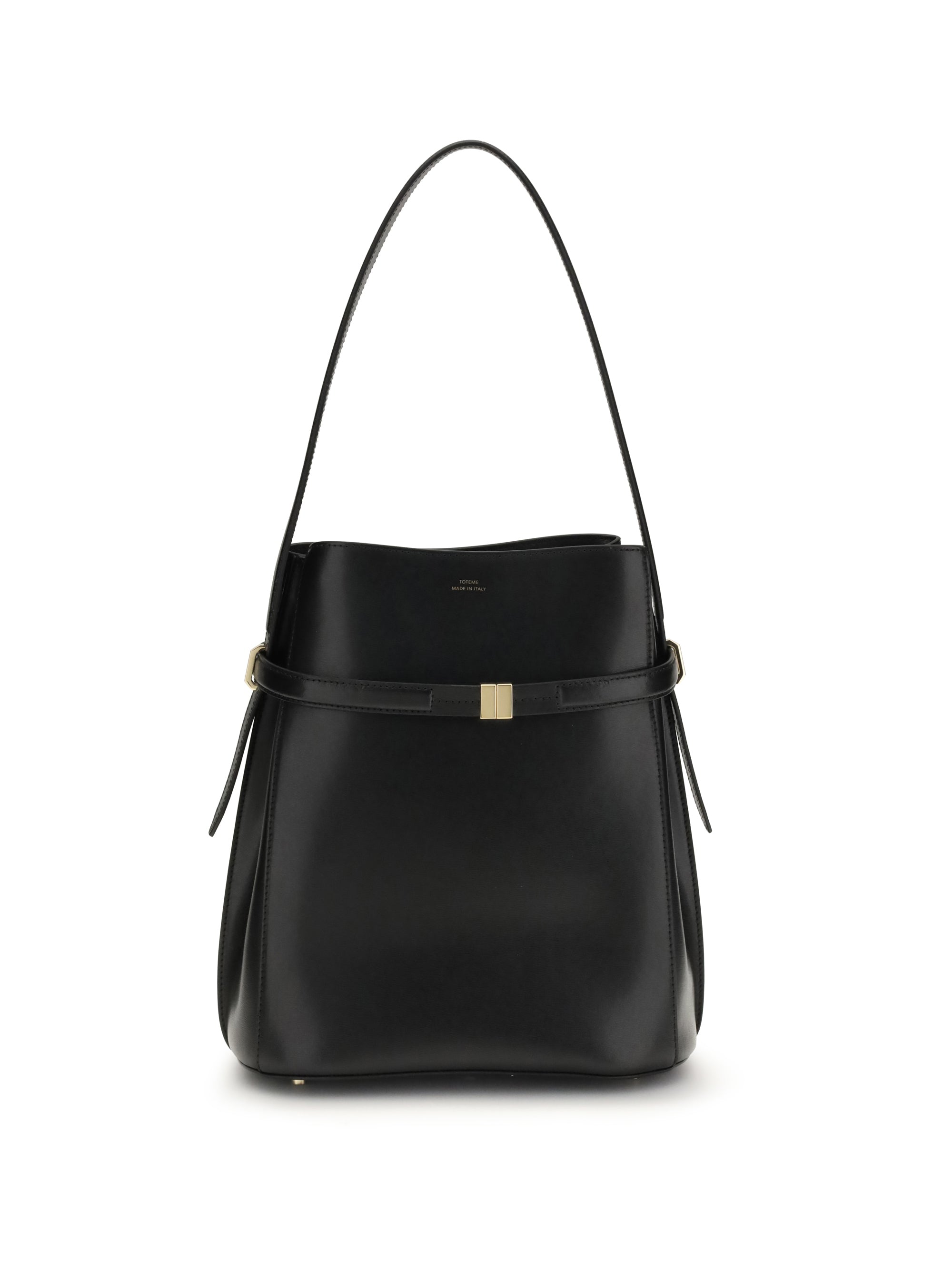 belted leather bucket bag