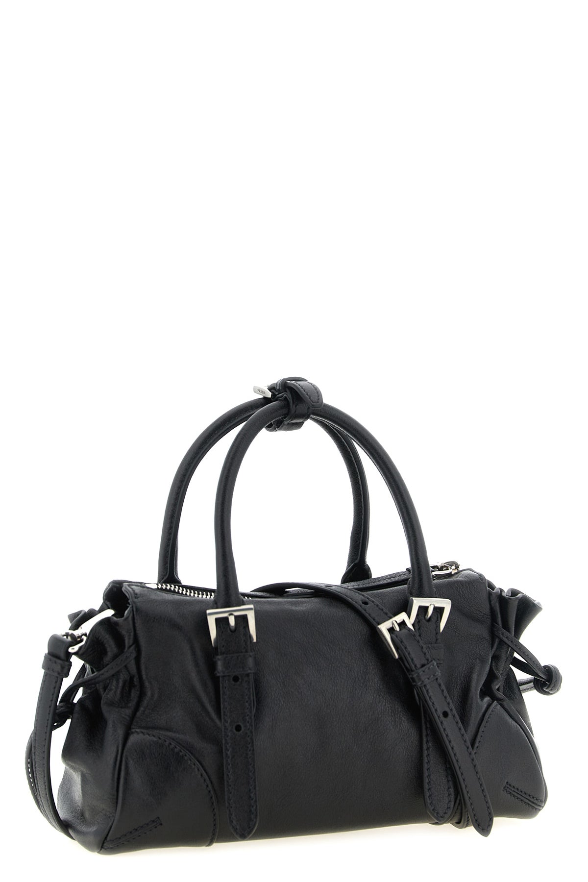 the small prada karin handbag in fine black hammered calf leather is distingui
